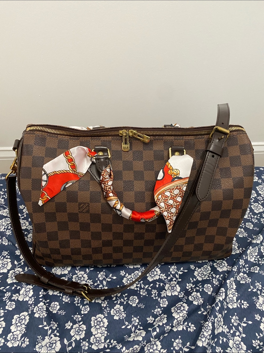 Louis Vuitton Brown Damier Speedy 35 with Red-Accented Handle Scarf